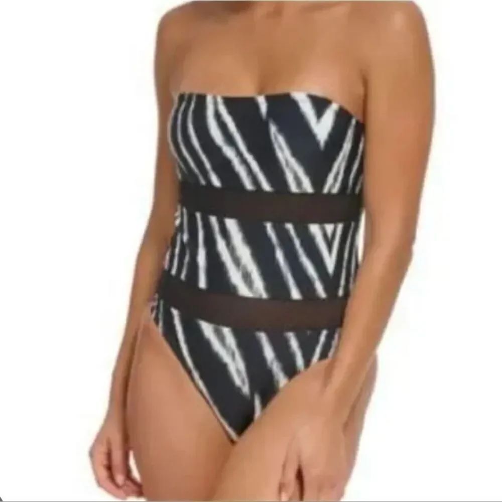DKNY Black Nylon Spandex One Piece Swimsuit. Strapless. Illusion.